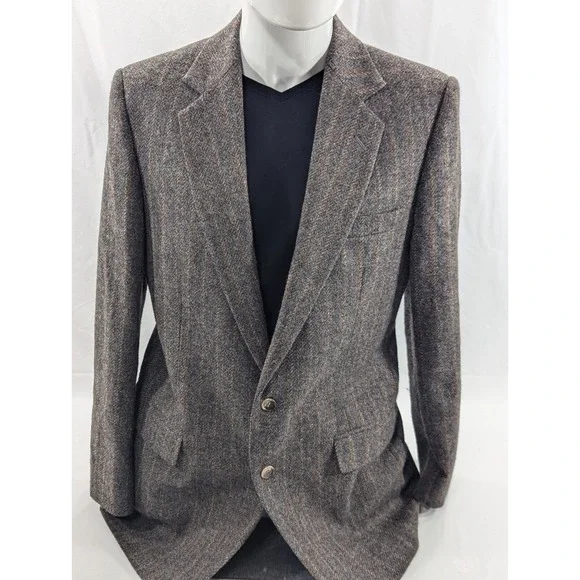 Haggar‎ Tweed Wool Blazer Suit Jacket Brown Double Striped Wool40L 42 Chest